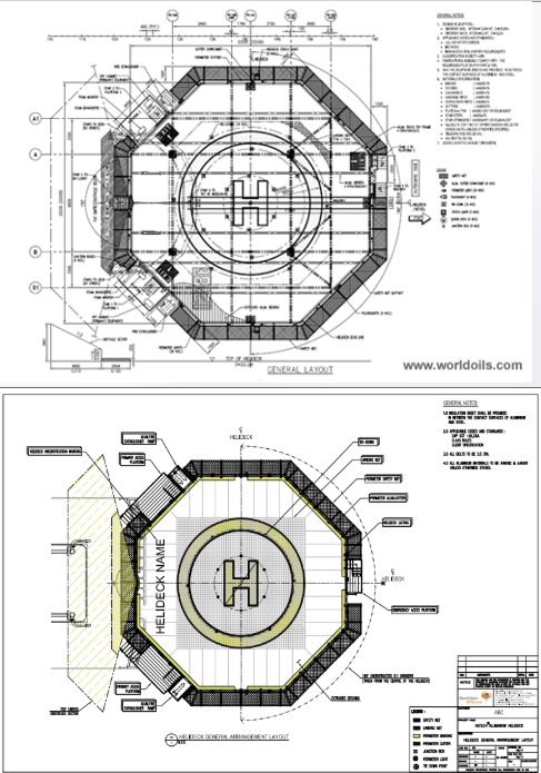 Two detailed blueprints of a Offshore Helideck showcasing dimensions and layout.